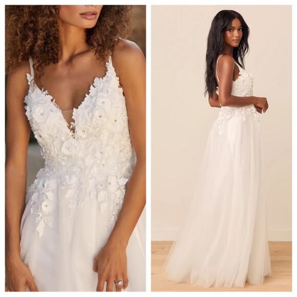 NWOT Lulus Breathtaking Romance White Embroidered Tulle Gown - Picture 7 of 11